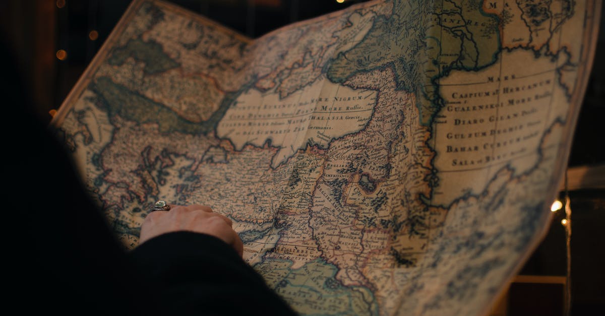 Where can I find a large number of fish? - From behind anonymous person examining antique world map printed on large paper in blue colors in dark room