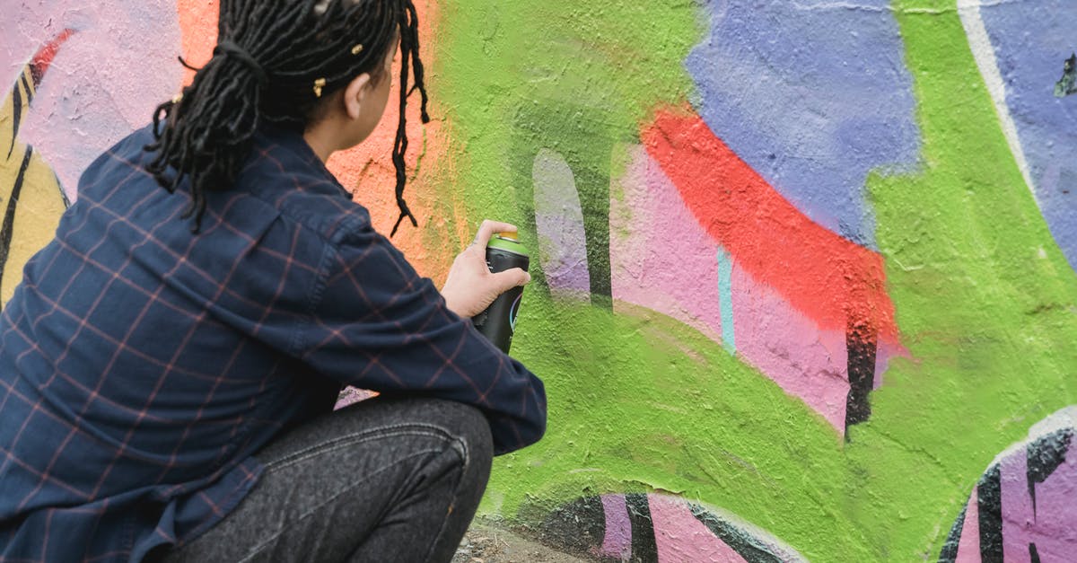 Where can I find quests for my level in Final Fantasy 14? - Side view of anonymous skilled female artist in casual wear hunkering down near colorful wall while painting graffiti on street