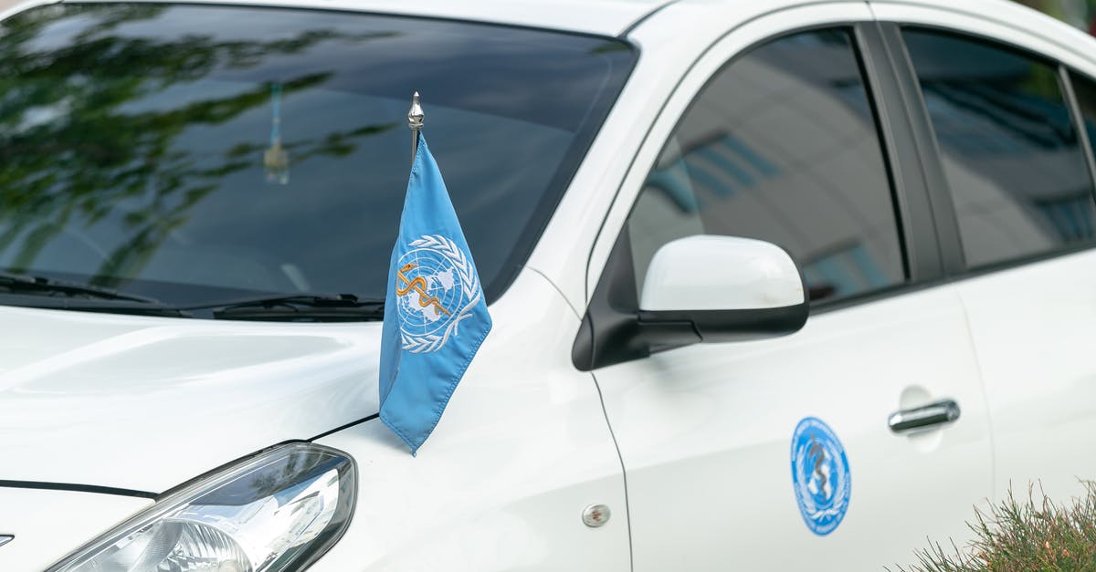 Who designed/created DDR? - Contemporary white car decorated with blue World Health Organization flag and sticker parked on street