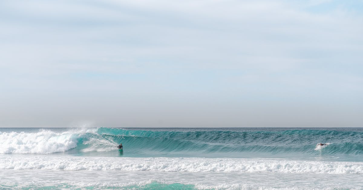 Who moves faster; Crash or Coco? - Unrecognizable surfers riding surfboard on high foamy waves in azzure ocean against cloudy sky in sunlight