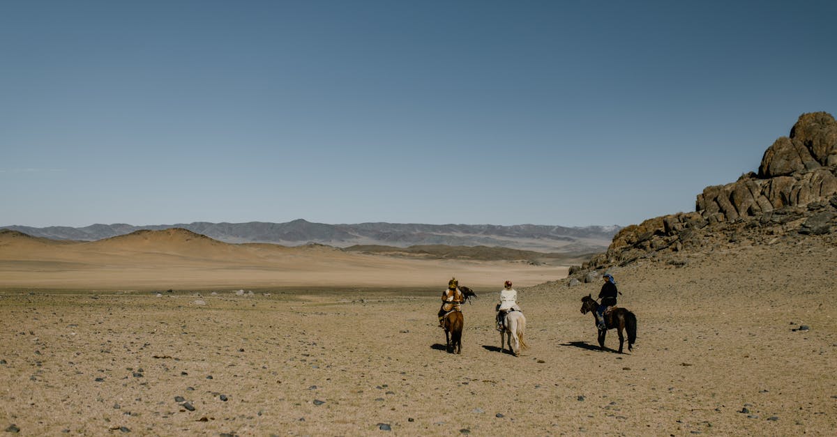Why can't I upgrade my Saka Horse Archers & Horsemen? - Back view anonymous equestrians riding horses on spacious hilly arid terrain under clear sky