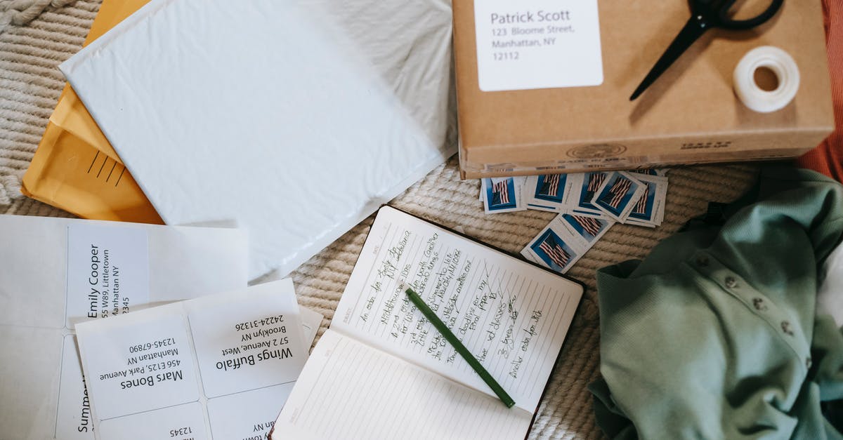 Why do I have to put my mailing address - Composition of opened diary carton parcel and postage stamps Why do I have to put my mailing address - Composition of opened diary carton parcel and postage stamps