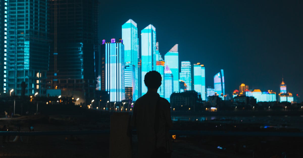 Why is the Dark Aurora full of railways and electric towers? - Back view of anonymous male enjoying view of high modern illuminated towers of metropolis at night