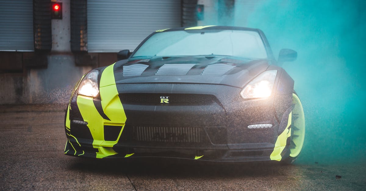 Will a flash grenade blind a hero? - Contemporary sports car with headlights lights and yellow wrapping design parked near wall with closed blinds in green fume from smoke bomb