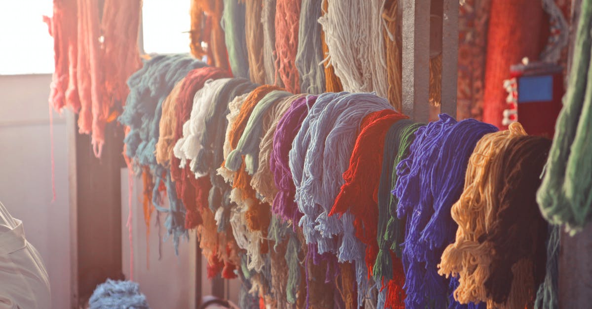 Workshop - not producing anything at all - Skeins of multicolored threads for needlework hanging on wooden rack in light workroom Workshop - not producing anything at all - Skeins of multicolored threads for needlework hanging on wooden rack in light workroom